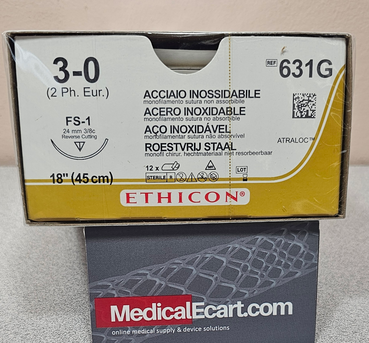 Suture, Reverse Cutting, Size 3-0, 18", Monofilament B&S30, Needle FS-1, 3/8 Circle, 5/16" 5/16" x 1/16" Firm TFE Polymer Pledgets, 1 dz/bx (Continental US Only)