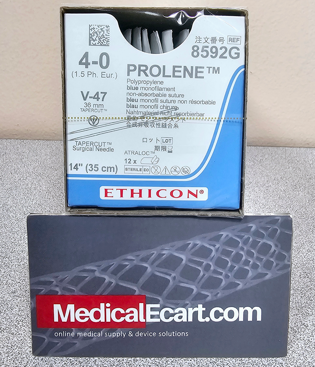 Suture, Straight Tapercut, Size 4-0, 14", Blue Monofilament, Needle V-47 V-47, Straight, 1 dz/bx (Continental US Only)