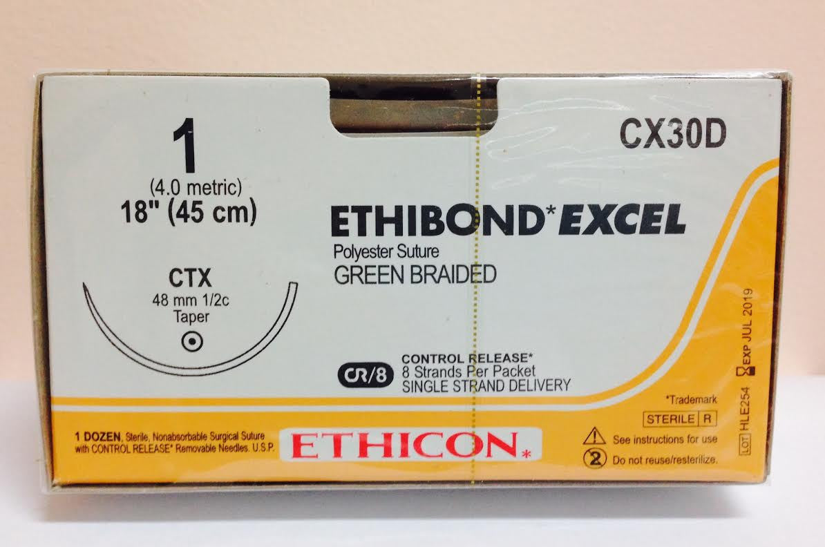 Suture, Taper Point, Size 1, 8-18", Green Braided, Needle CTX, _ Circle, Control Release, Safety Organizer Tray, 1 dz/bx (Continental US Only)