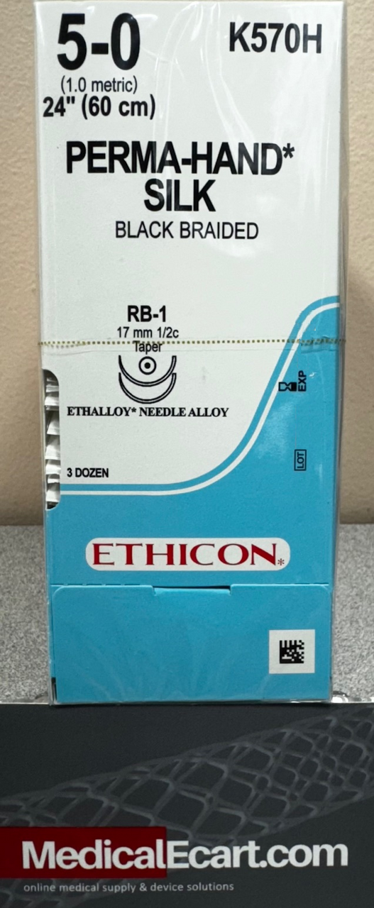 Suture, Taper Point, Size 5-0, 24", Black Braided, Needle RB-1 RB-1, _ Circle, 3 dz/bx (Continental US Only)