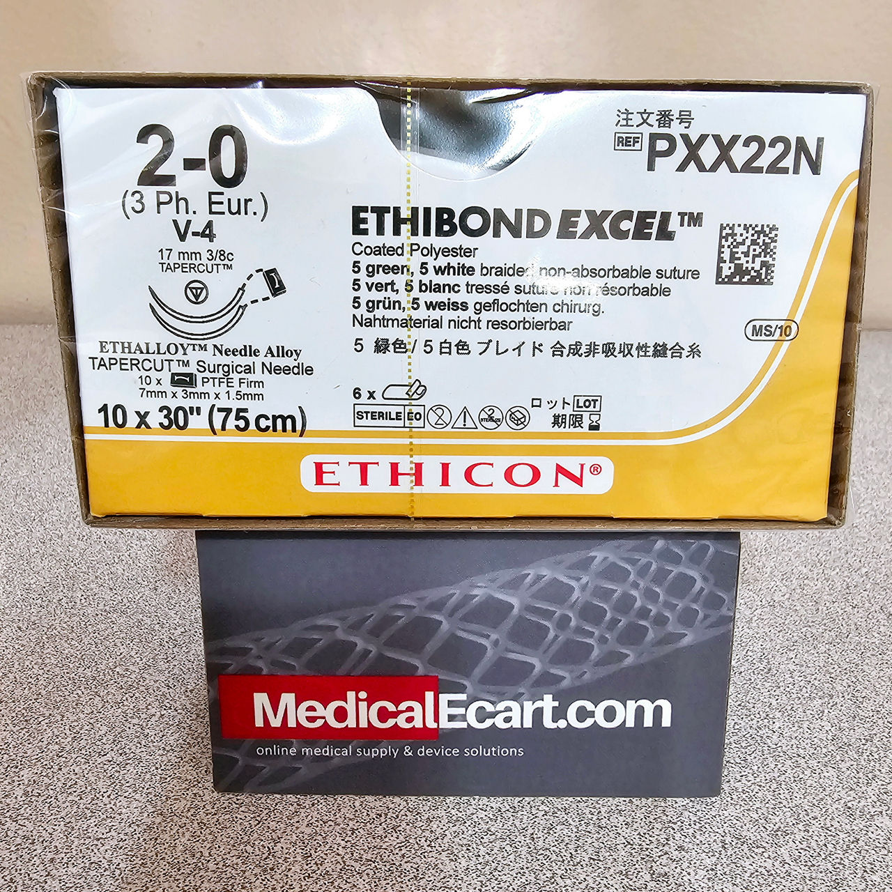 Suture, Tapercut, Size 2-0, 5-30", Green & White Braided, Needle V-4 V-4, 3/8 Circle, _" x 1/8" x 1/16" Firm TFE Polymer Pledgets, 6/bx (Continental US Only)