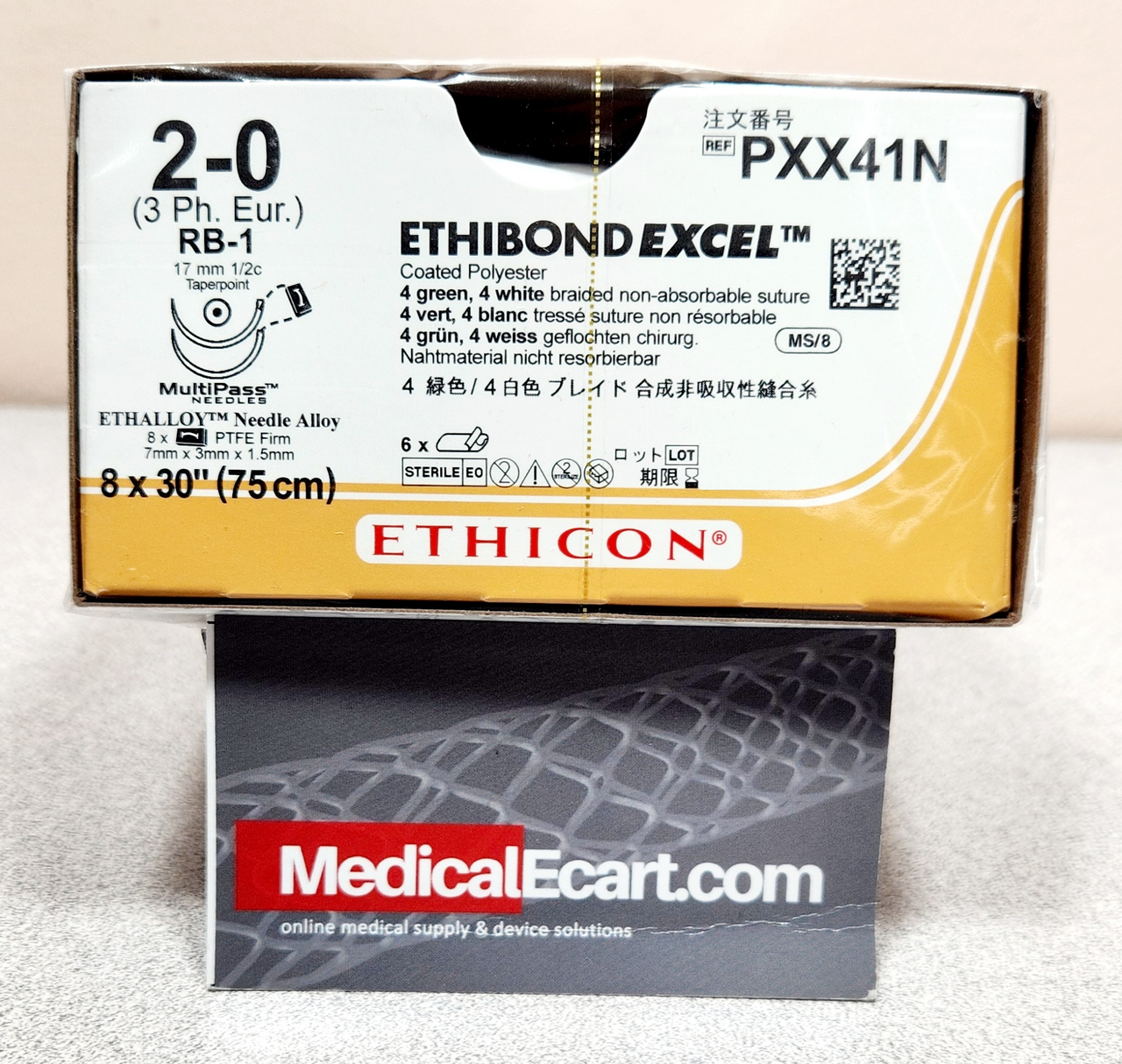 Suture, Taper Point, Size 2-0, 4-30", Green & White Braided, Needle RB-1, _ Circle, _" x 1/8" x 1/16" Firm TFE Polymer Pledgets, 1 dz/bx (Continental US Only) 