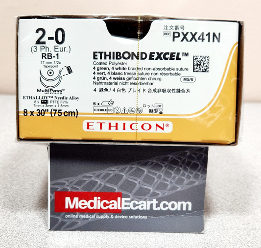 Suture, Taper Point, Size 2-0, 4-30", Green & White Braided, Needle RB-1, _ Circle, _" x 1/8" x 1/16" Firm TFE Polymer Pledgets, 1 dz/bx (Continental US Only) 