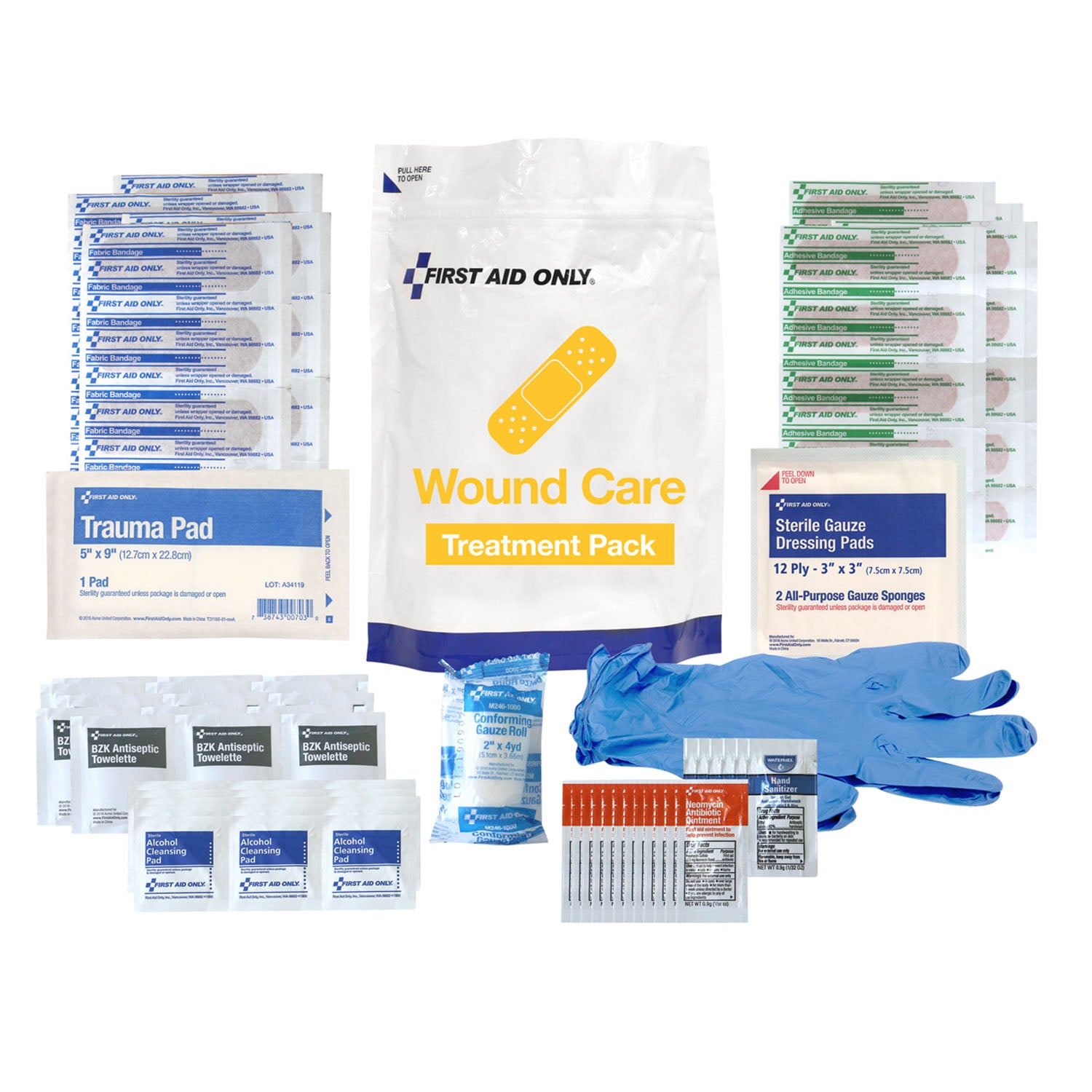 Wound Care Treatment Pack, Includes: (1) Trauma Pad (5"x9"), (2) Nitrile Exam Gloves, (2) Sterile Gauze Pads (3"x3"), (5) Hand Sanitizer Packets, (9) BZK Towelettes, (25) Antibiotic Ointment Packets, (32) Alcohol Wipes, (30) Plastic Bandages (1"x3"), (30) Fabric Bandages (1"x3") and (1) Conforming Gauze Roll (2") (DROP SHIP ONLY)