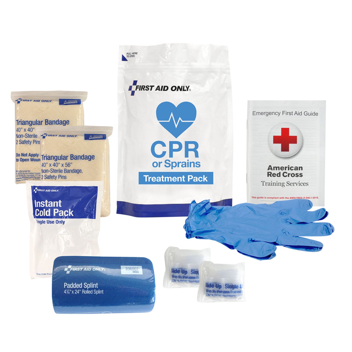 CPR & Sprains Treatment Pack, Includes: (1) Padded Splint, (1) First Aid Guide, (2) CPR Face Shields, (2) Triangular Bandages, (1) Instant Cold Pack and (2) Nitrile Exam Gloves (DROP SHIP ONLY)