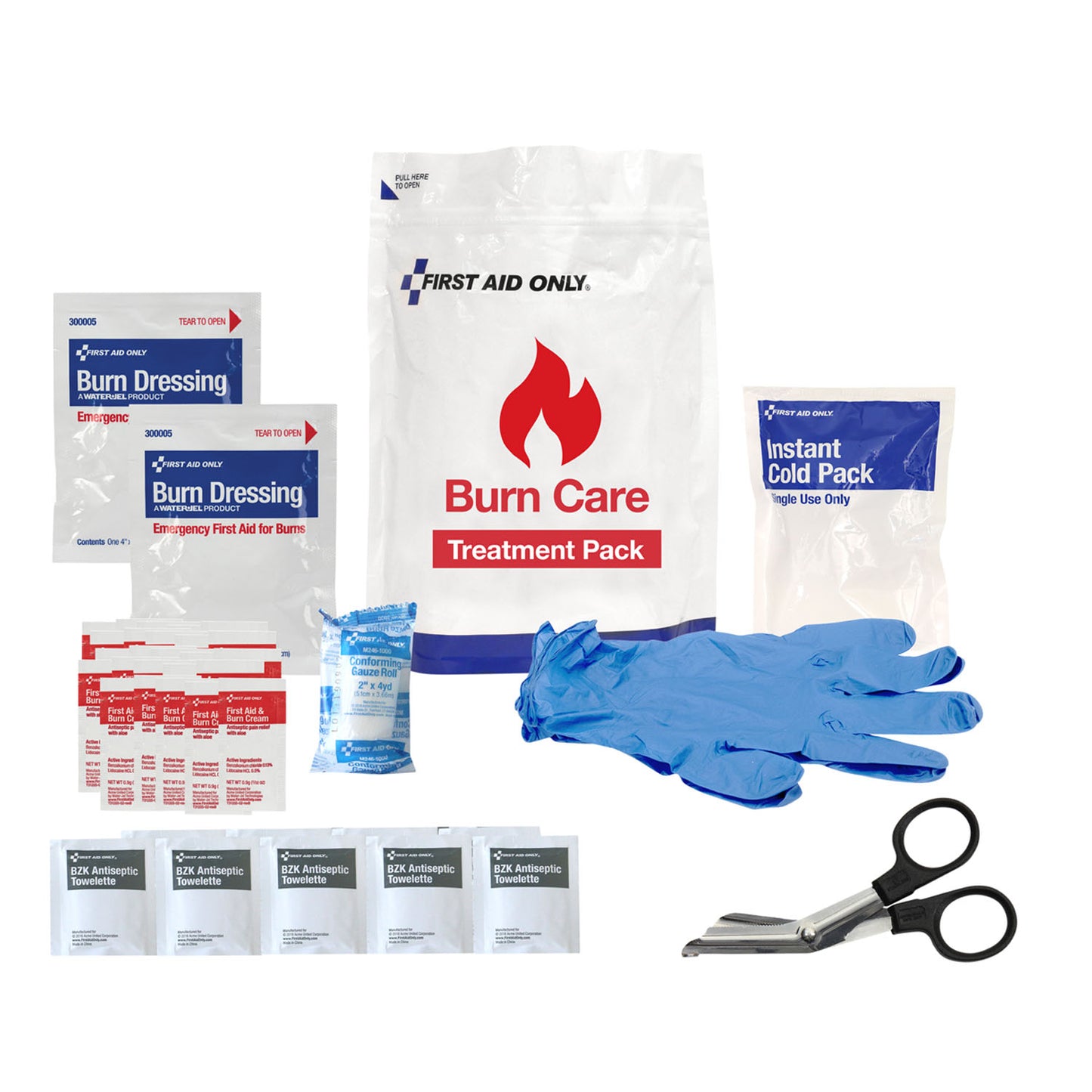 Burn Care Treatment Pack, Includes: (2) Burn Dressing (4"x4"), (25) Burn Cream Packets, (1) Scissors, (2) Nitrile Exam Gloves, (1) Instant Cold Pack, (1) Conforming Gauze Roll (2") and (9) BZK Towelettes (DROP SHIP ONLY)