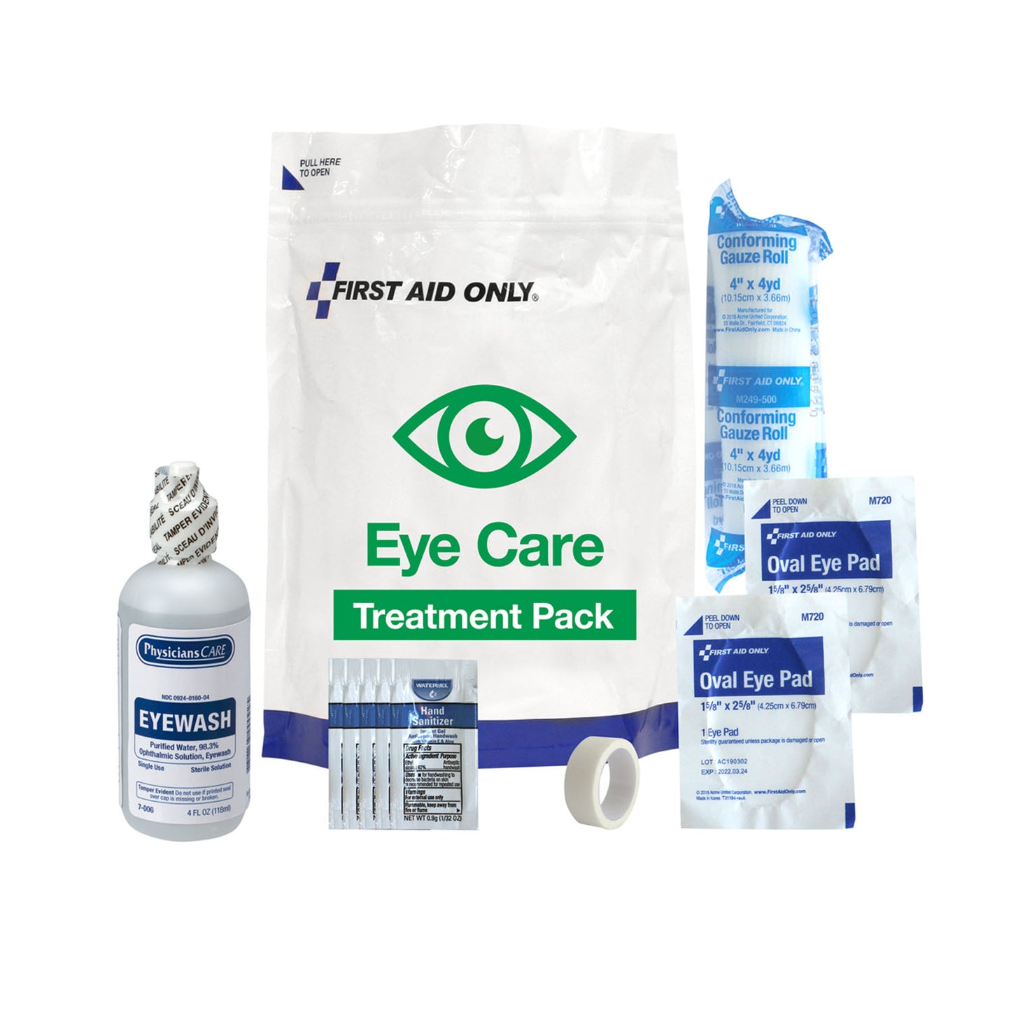 Eye Care Treatment Pack, Includes: (1) Eye Wash (4oz), (2) Sterile Eye Pads, (1) Conforming Gauze Roll (4"), (1) First Aid Tape (1/2"x5yds) and (5) Hand Sanitizer Packets (DROP SHIP ONLY)