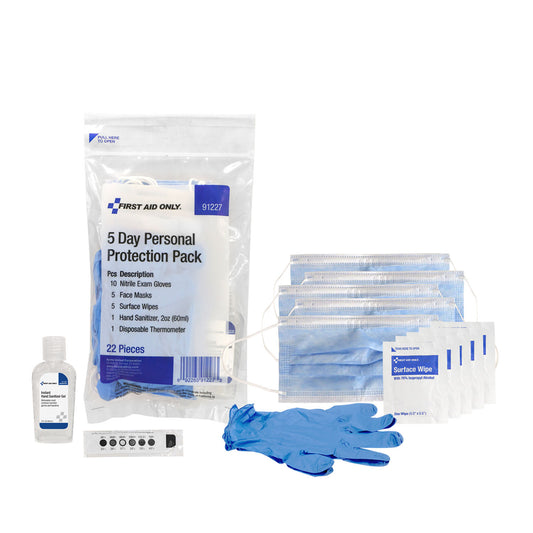 5 Day Personal Protection Pack, 22 Piece, 24/cs, Includes: (10) Nitrile Exam Gloves, (5) Face Masks, (5) Surface Wipes, (1) 2oz Hand Sanitizer, (1) Disposable Thermometer (DROP SHIP ONLY - $150 Minimum Order)