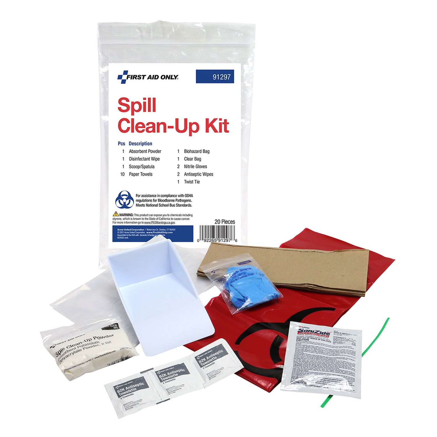 Spill Clean-Up Kit, 20 Piece, Includes: (1) Absorbent Powder, (1) Disinfectant Wipe, (1) Scoop/Spatula, (10) Paper Towels, (1) Biohazard Bag, (1) Clear Bag, (2) Nitrile Gloves, (2) Antiseptic Wipes and (1) Twist Tie (DROP SHIP ONLY - $150 Minimum Order)