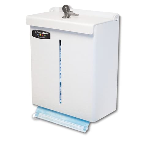 Face Mask Dispenser - Locking: This dispenser holds two - three boxes of earloop masks in bulk, It features a locking lid with a pivot hinge, Designed as a top loading, bottom dispensing product, it reduces the chances of debris, dust, or contaminants being exposed to the product inside, Keyholes for wall mounting, Constructed of durable White ABS Plastic (Made in USA)