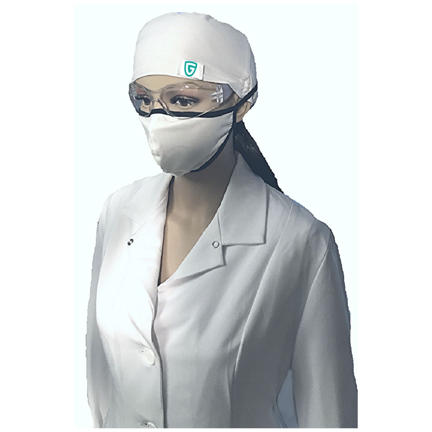Reusable Face Mask, White w/ white elastic ear loops, Washable, Autoclavable, Reusable.  2 layers, anti-microbial/moisture wicking inner, 100% Cotton outer, 25/bg