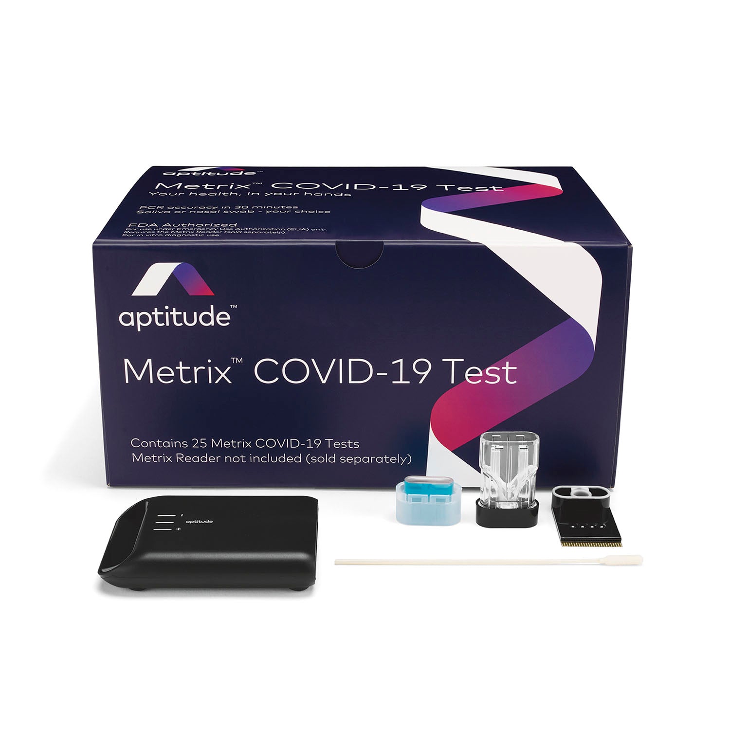 Aptitude Metrix Bundle Contents:  (2) Aptitude Metrix COVID-19 Test, (25) Kits; (1) Reader, 1/ea (DROP SHIP TO END USER)(Non-Returnable & Non-Refundable) (Continental US Only) (DROP SHIP ONLY)