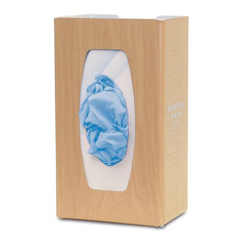 Glove Box Dispenser, Single Bin, Holds One Box of Gloves, Three-Way Keyholes For Vertical or Horizontal Wall Mounting, Maple Fauxwood ABS Plastic