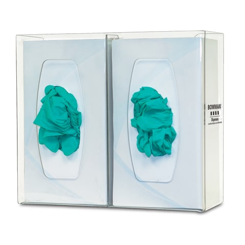 Glove Box Dispenser, Double with Dividers, Holds 2 Boxes of Gloves, Three-Way Keyholes For Vertical or Horizontal Wall Mounting, Clear