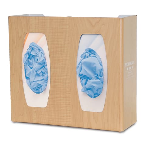 Glove Box Dispenser, Double with Dividers, Holds 2 Boxes of Gloves, Three-Way Keyholes For Vertical or Horizontal Wall Mounting, Maple Fauxwood ABS Plastic