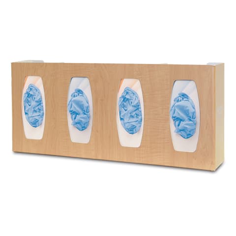 Glove Box Dispenser, Quad with Dividers, Holds 4 Boxes of Gloves, Three-Way Keyholes For Vertical or Horizontal Wall Mounting, Maple Fauxwood ABS Plastic
