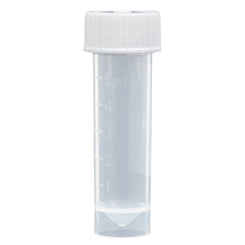 Transport Tube, 5mL, with Separate Green Screw Cap, PP, Conical Bottom, Self-Standing, Molded Graduations, 1000/cs