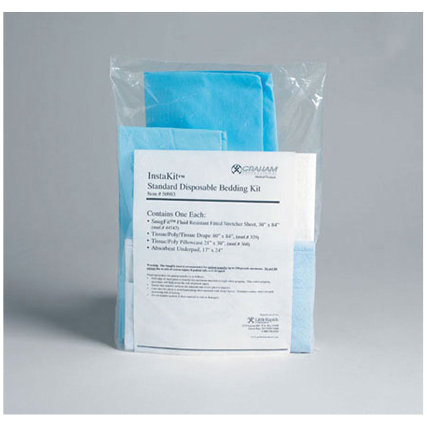InstaKit Standard Kit Includes: 44547 SnugFit EMS Fitted Stretcher Sheet 30" x 84", 329 Drape Sheet Tissue/ Poly/ Tissue 40" x 84", 360 Pillowcase Tissue/ Poly 21" x 31" & 50984 Absorbent Underpad, 25/cs