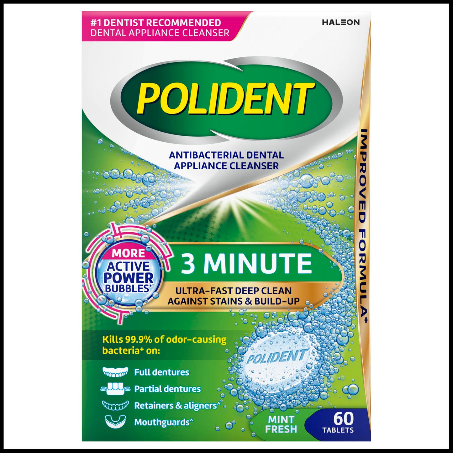 Polident 3-Minute Antibacterial Dental Appliance Cleanser. 60 tablets/bx, 3 bx/pk, 4 pks/cs. (Available for sale in US only) (Products cannot be sold on Amazon.com or any other third Party sites.)