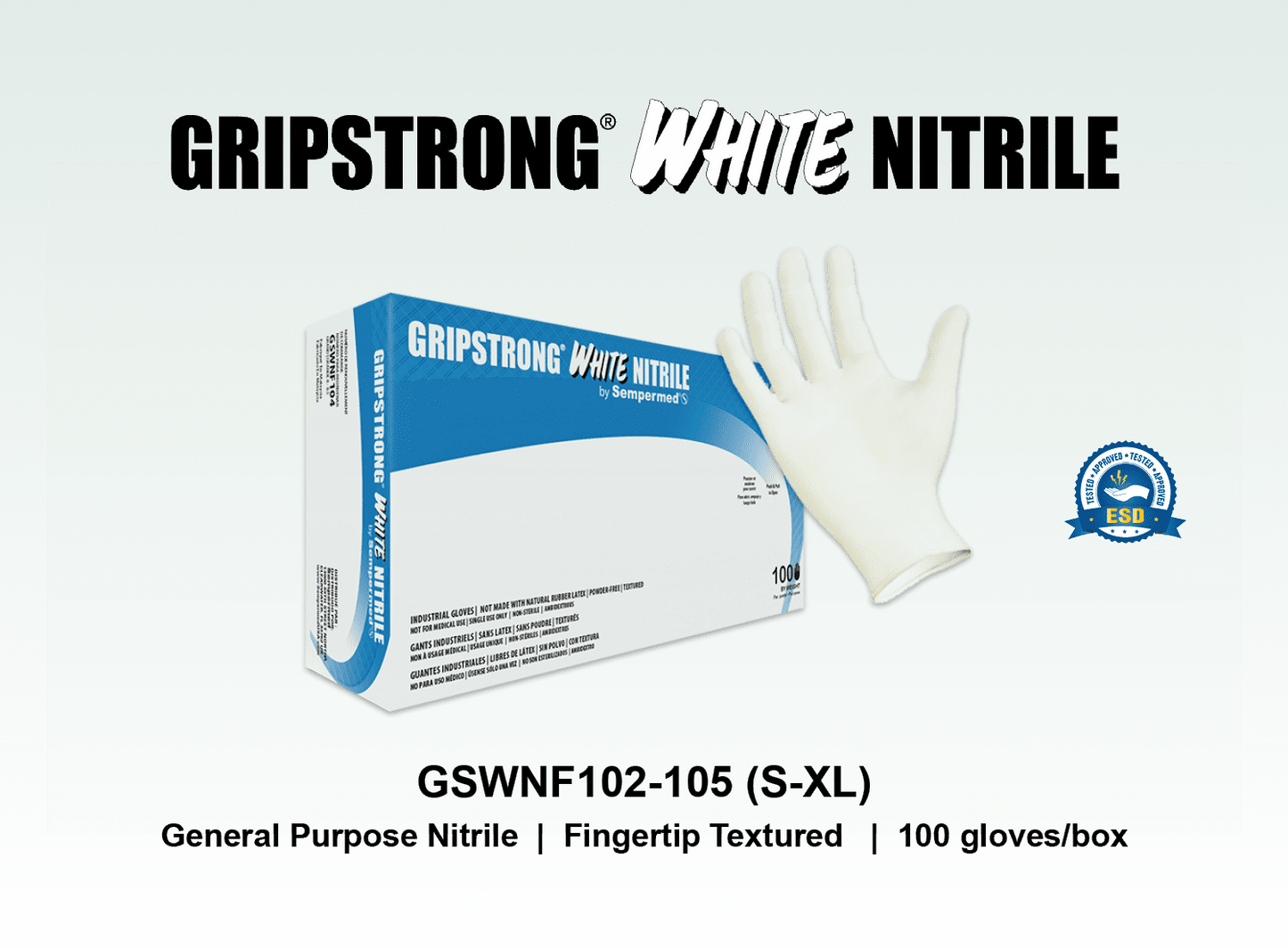 Glove, Powder-Free (PF), Textured Fingertips, White, Large, 100/bx, 10 bx/cs