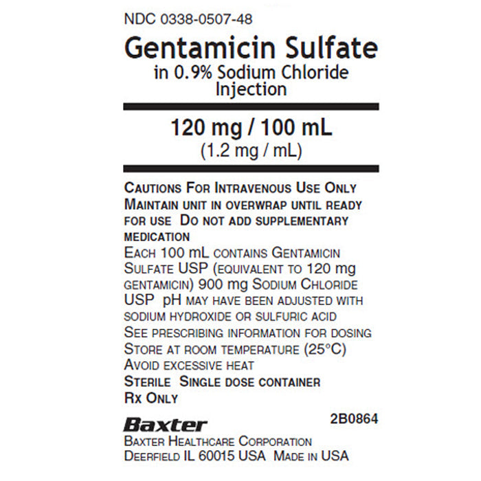 Gentamicin Sulfate, 0.9% Sodium Chloride Injection, 120 mg/ 100 ml, Viaflex Plastic Container, Liquid Premix, 24/cs (Rx) (Item is Non-Returnable) (Continental US Only, Excluding IN and ND) (Product Access Restricted. Check with your sales rep to verify eligibility)