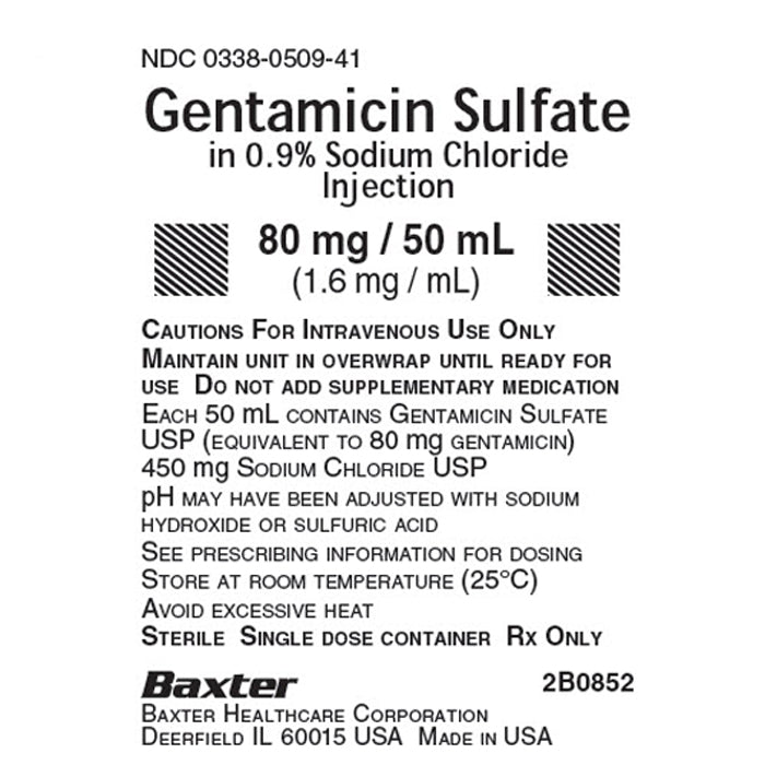 Gentamicin Sulfate, 0.9% Sodium Chloride Injection, 80 mg/ 50 ml, Viaflex Plastic Container, Liquid Premix, 24/cs (Rx) (Item is Non-Returnable) (Continental US Only, Excluding IN and ND) (Product Access Restricted. Check with your sales rep to verify eligibility)
