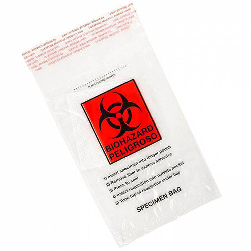 Biohazard Specimen Transport Bag, 6" x 9", Ziplock w/ Document Pouch and Tearzone, 100/pk, 10pk/cs