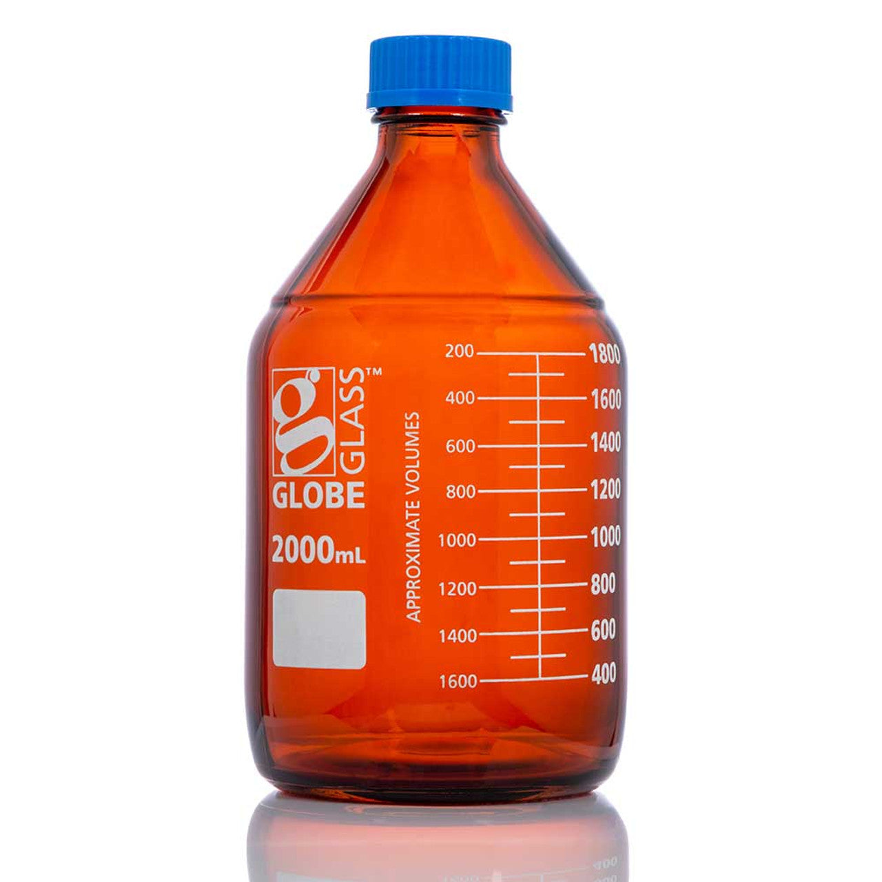 Bottle, Amber Media, Globe Glass, 2000mL, GL45 Screw Cap, Dual Graduations, 10/bx