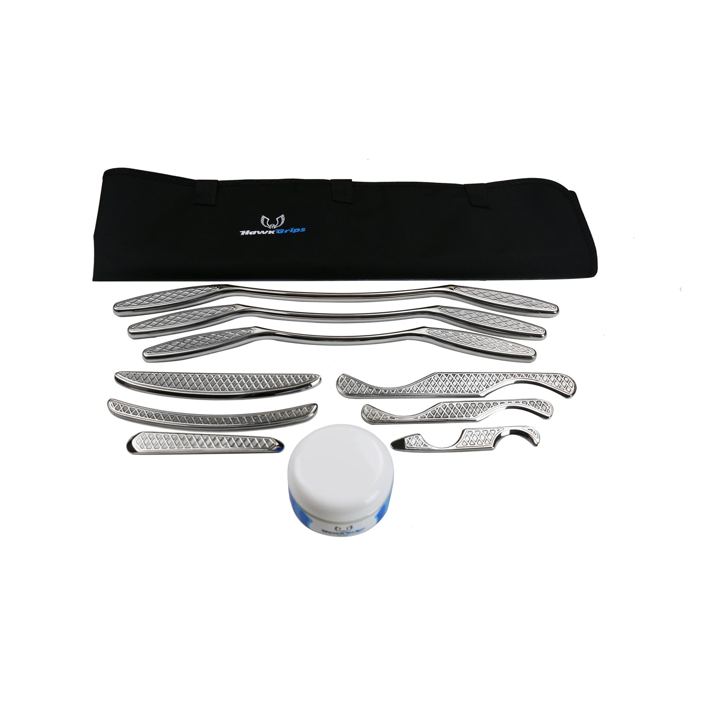 Platinum Set.  Includes Small, Medium, and Large Handlebar instruments (HG1-HG3), all six small instruments (HG4-HG9), roll-up carrying case, shoulder bag, one jar of regular emollient, and a User Manual (Products cannot be sold on Amazon.com, Walmart.com, eBay or any other 3rd party platform)