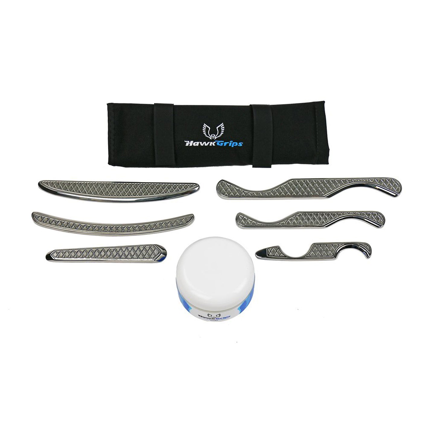 Silver Set.  Includes all six of the small HawkGrips instruments (HG4-HG9), a roll-up carrying case, one jar of regular emolllient, and a User Manual (Products cannot be sold on Amazon.com, Walmart.com, eBay or any other 3rd party platform)