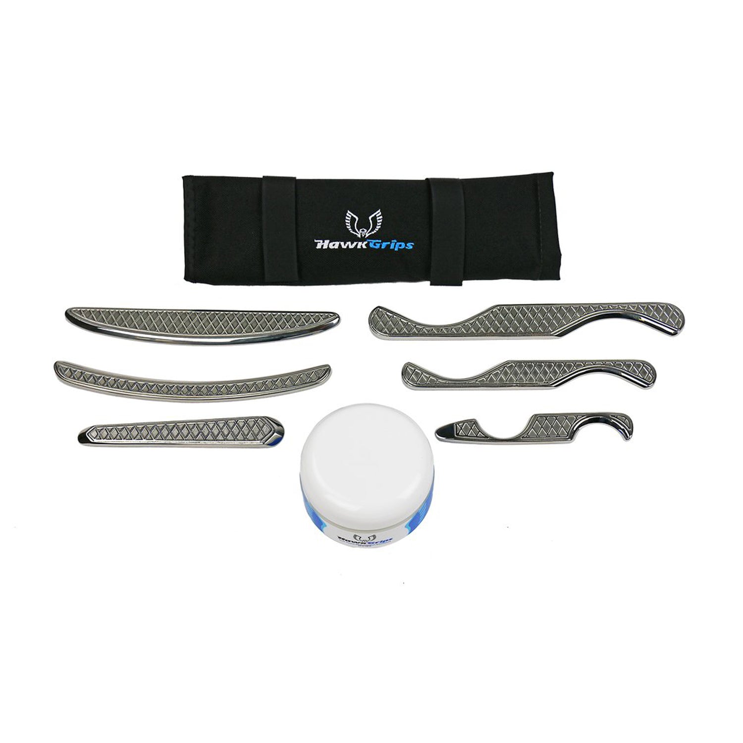 Silver Set.  Includes all six of the small HawkGrips instruments (HG4-HG9), a roll-up carrying case, one jar of regular emolllient, and a User Manual (Products cannot be sold on Amazon.com, Walmart.com, eBay or any other 3rd party platform)