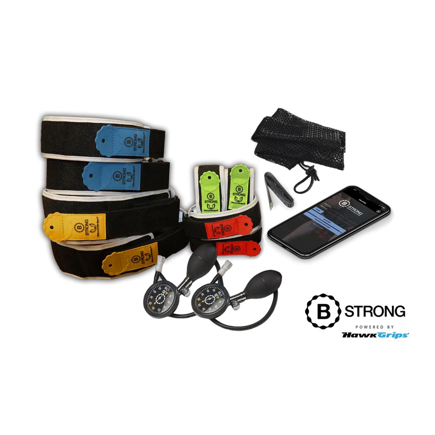 Package Includes: 8 BFR Bands Total (1) Pair Each of Sizes 1-4, (2) hand pumps, (1) tape measure, (1) carrying bag, (1) license to BStrong's Guidance App (Products cannot be sold on Amazon.com, Walmart.com, eBay or any other 3rd party platform)
