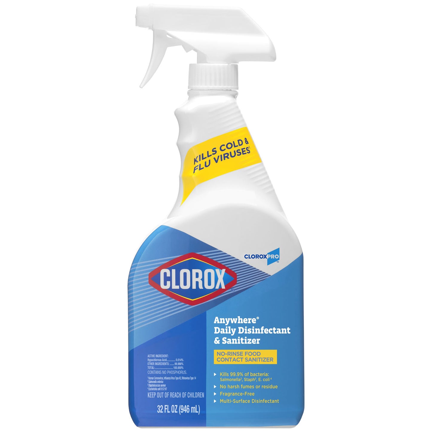 CloroxPro Anywhere Daily Disinfectant and Sanitizer, No-Rinse Food Contact Sanitizer, Kills Cold and Flu Viruses, 32 fl oz, 12/cs