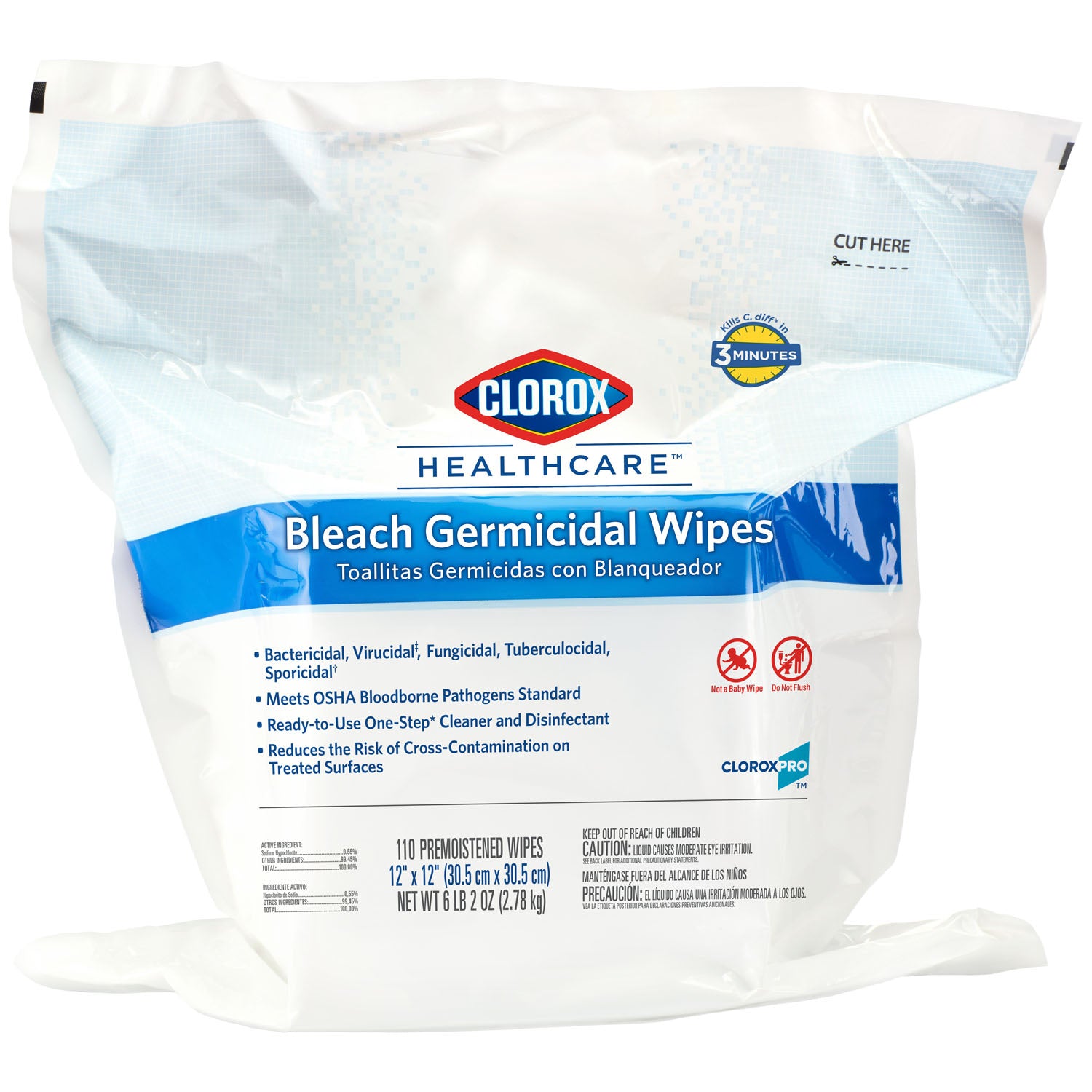 Clorox Healthcare Bleach Germicidal Wipes Refill, 12 x 12, 110/pack, 2/cs (140 cs/plt) (Minimum Expiry Lead is 90 days; Short-Dated; Non-Returnable) (Continental US Only)