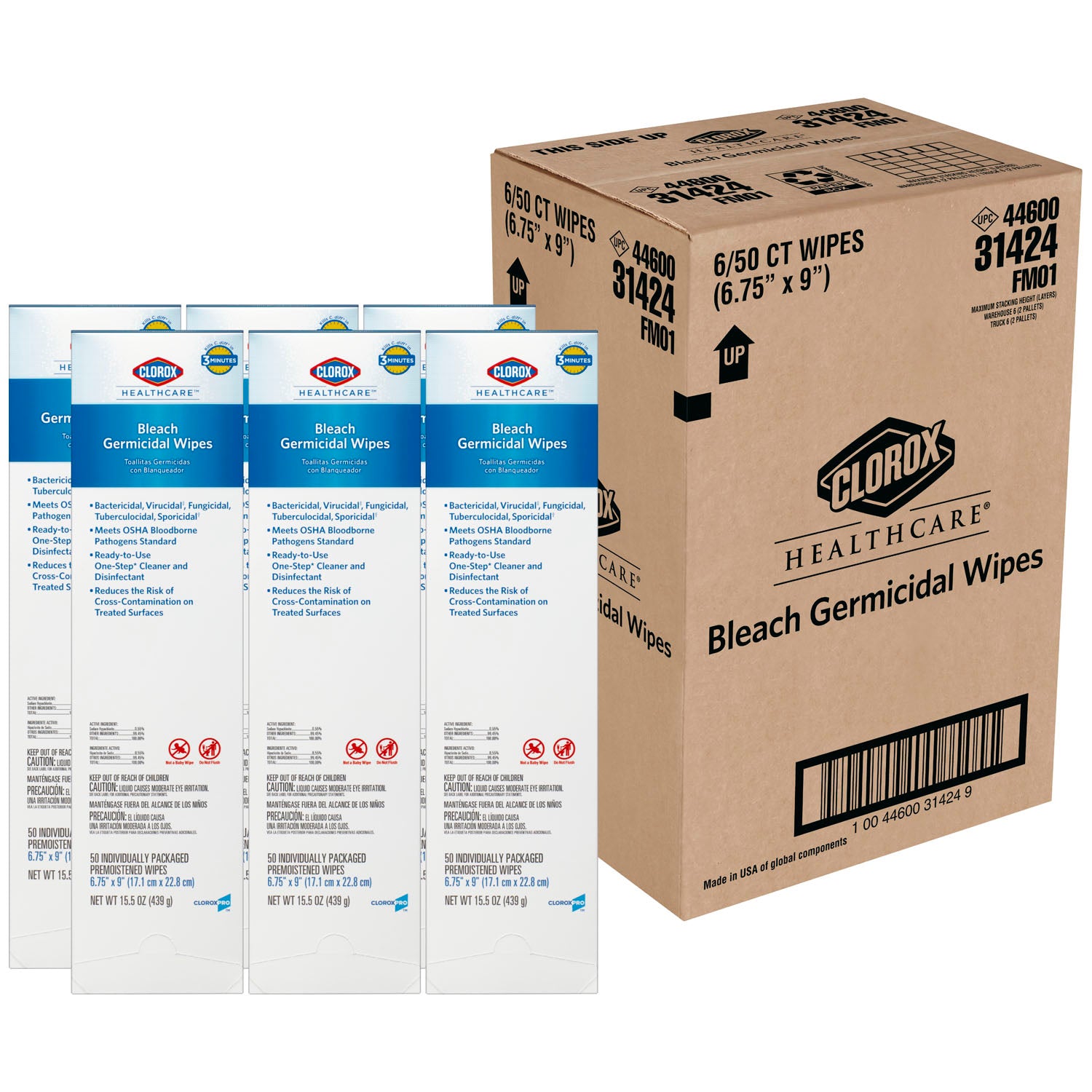 Clorox Healthcare Bleach Germicidal Wipes, Individually Wrapped Wipes, 50/pk, 6 pk/cs (Continental US Only)