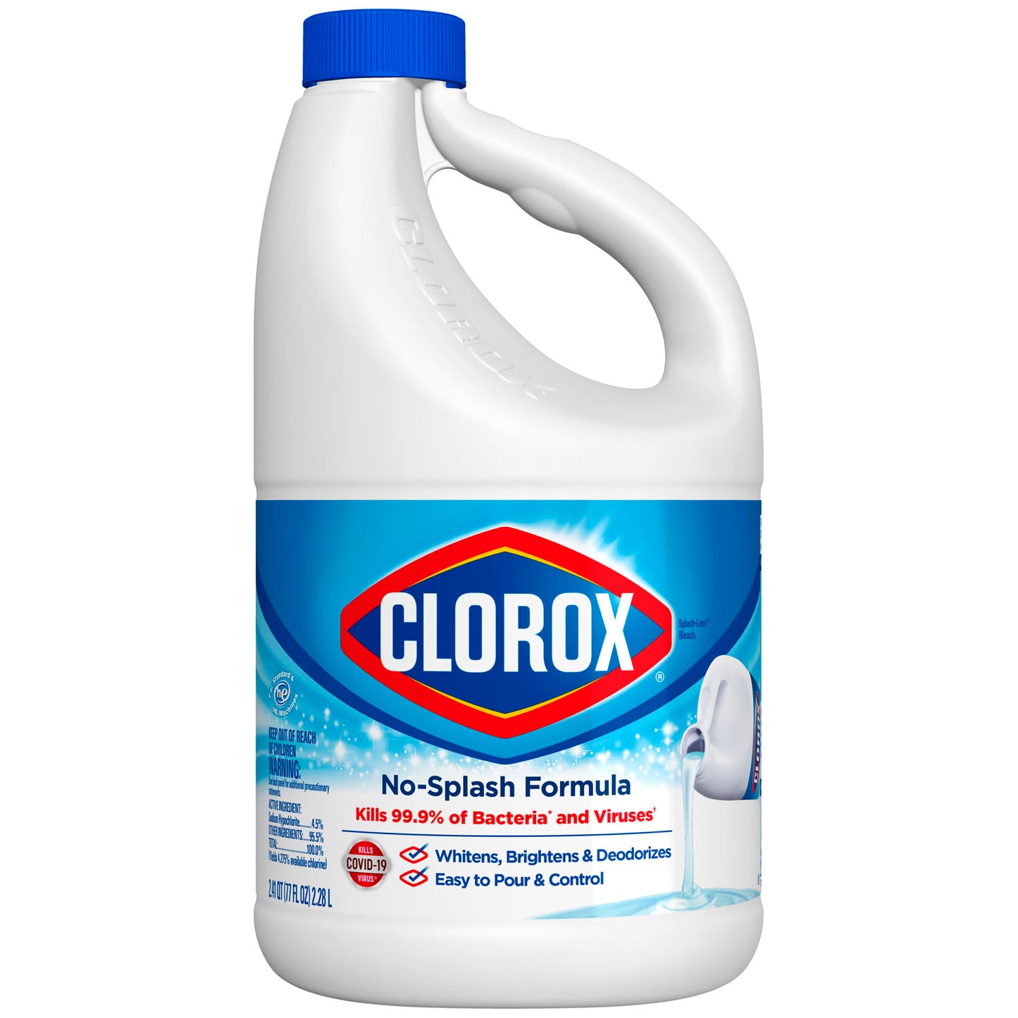 Clorox Splash-Less Bleach, Disinfecting Bleach, Regular, 77 oz, 6/cs (Continental US Only)