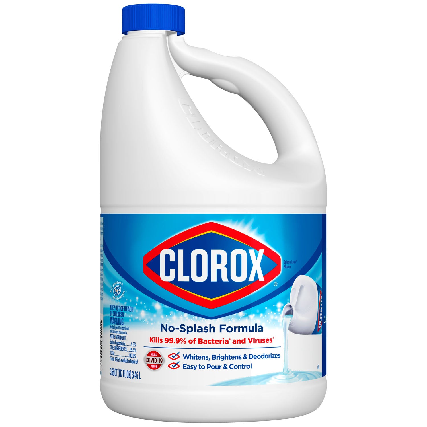 Clorox Splash-Less Bleach, Disinfecting Bleach, Regular, 117 oz, 3/cs (Continental US Only)