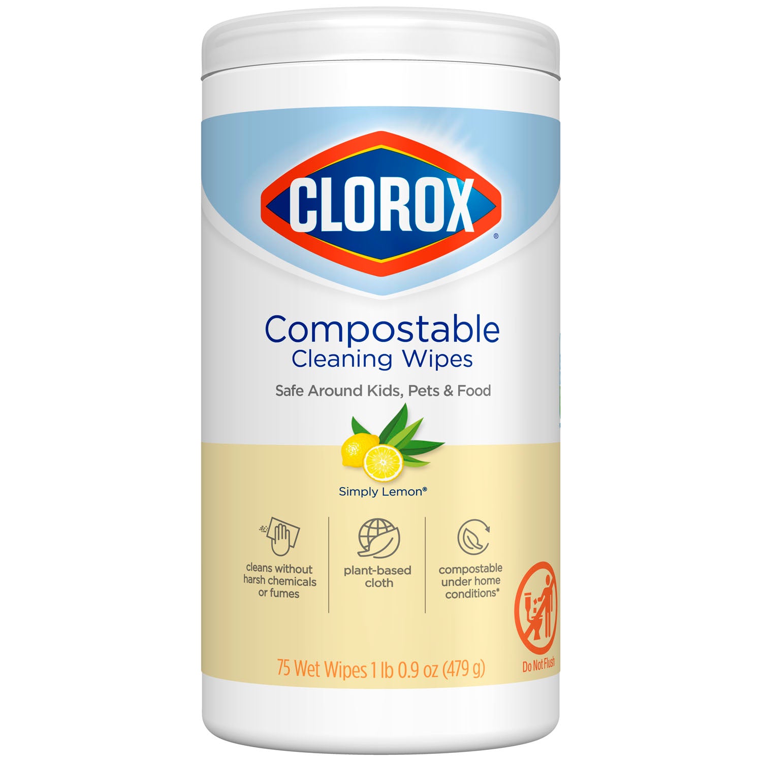 Clorox Compostable Cleaning Wipe, Simply Lemon, 75 ct, 6/cs (Continental US Only)