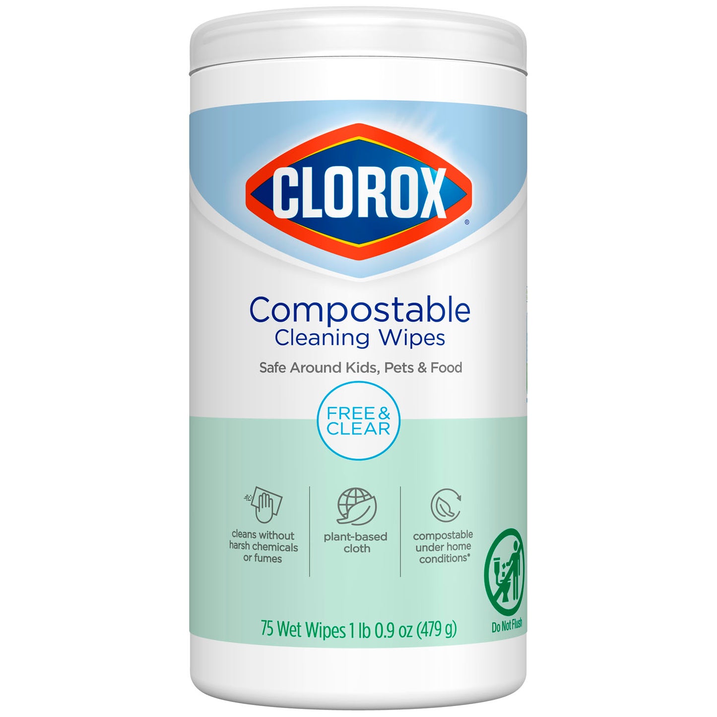 Clorox Compostable Cleaning Wipes, All Purpose Wipes, Free & Clear, 75 ct, 6/cs (Continental US Only)
