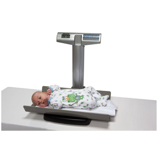 Digital Scale, Pediatric, 50 lb/23 kg Capacity, 24 1/8" x 14_" x 2 5/8" Tray Dimension, 0"-23"/0cm-58cm Measuring Tape, (6) AA Batteries, EMR Connectivity Optional Pelstar Wireless Technology, Variable Auto-Off Time, Audible/Mute Sound Option, Enabling Unit View with UOM Locked, Auto-Weight Holdf or 30 to 60 sec, Auto Zerio on Power Up, Everlock, Reweigh, Pre-Tare, Recall (DROP SHIP ONLY)