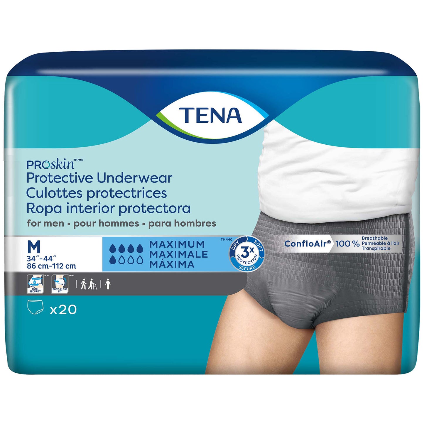 Protective Underwear, Men, Medium, 34" - 44" Hip Size, Grey, 20/pk, 4 pk/cs (Continental US Only)