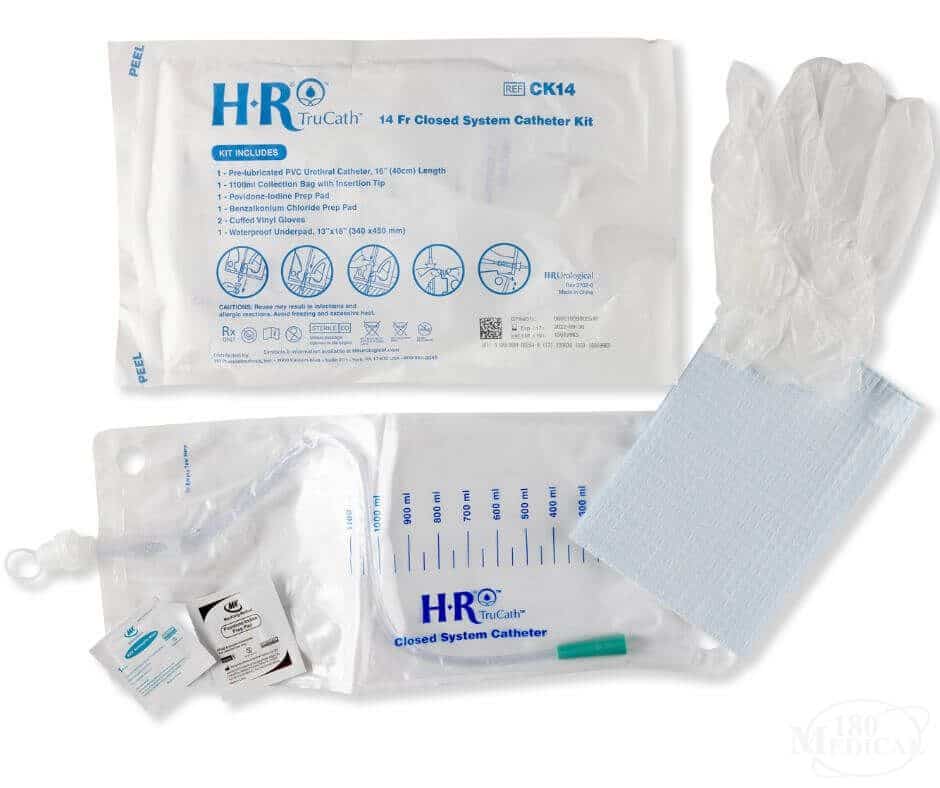 TruCath Intermittent Catheter Insertion Kit, 100/cs, Includes: Vinyl PF Gloves, 5g Lube Jelly Packet, BZK Wipe, Underpad and Drainage Bag with Connector