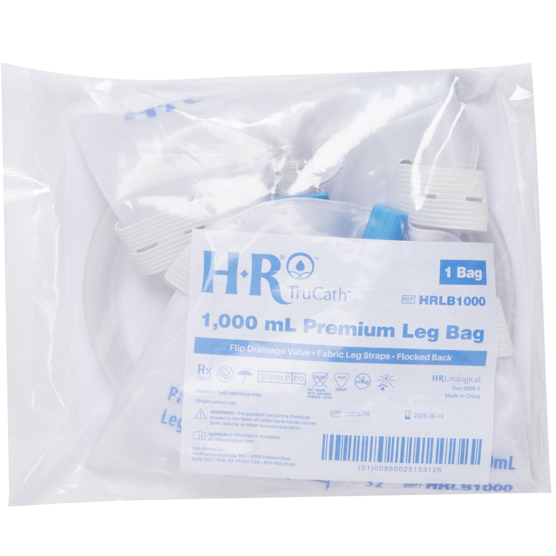 Bag, Leg, TruCath 1000ml Flip Drainage Valve, Flocked Backing, Latex-Free Fabric Leg Strap, and Extension Tubing, 24ea/cs