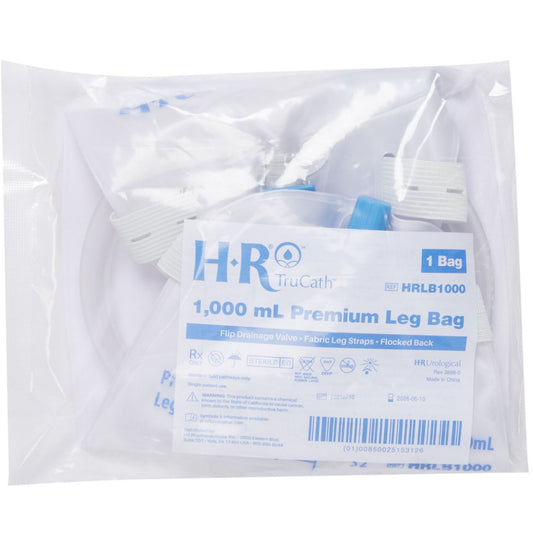 Bag, Leg, TruCath 1000ml Flip Drainage Valve, Flocked Backing, Latex-Free Fabric Leg Strap, and Extension Tubing, 24ea/cs