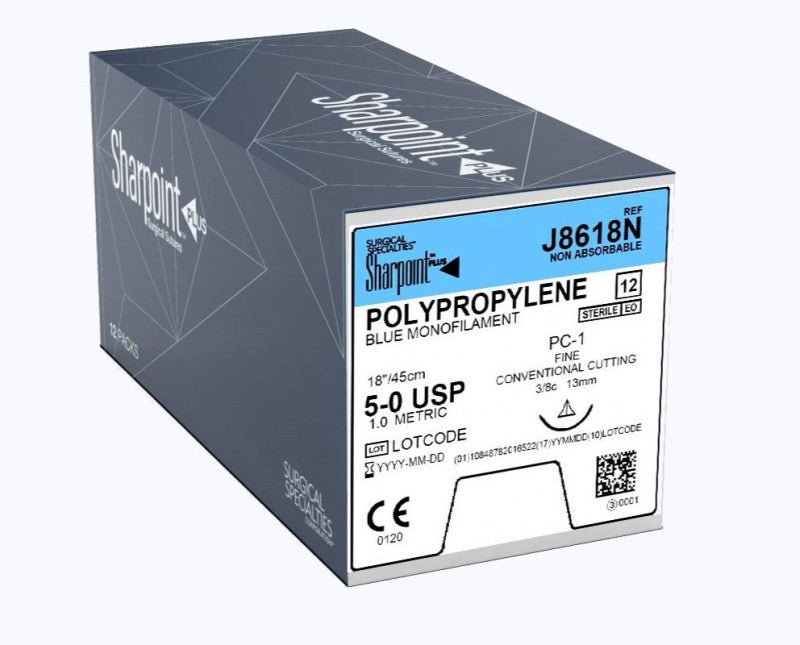 Polypropylene Suture, Monofilament, Conventional, Size 5-0, 18"/45cm, 13mm, 3/8 Circle, 12/bx