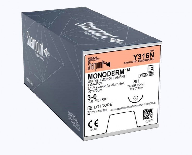 Monoderm Suture, Taper Point, Size 3-0, 70cm, 26mm, 1/2 Circle, Violet, 12/bx