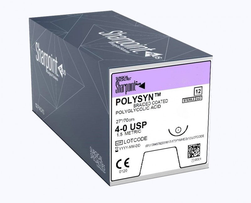 Polyglycolic Acid Suture, Violet Braided, Taper Point, Size 4-0, 27"/70cm, 20mm, 1/2 Circle, 12/bx