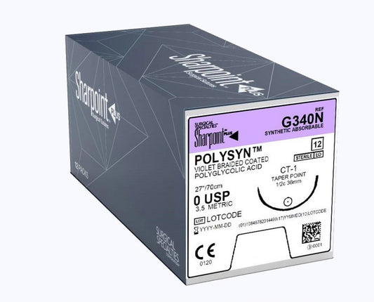 Polyglycolic Acid Suture, Violet Braided, Taper Point, Size 0, 27"/70cm, 36.6mm, 1/2 Circle, 12/bx