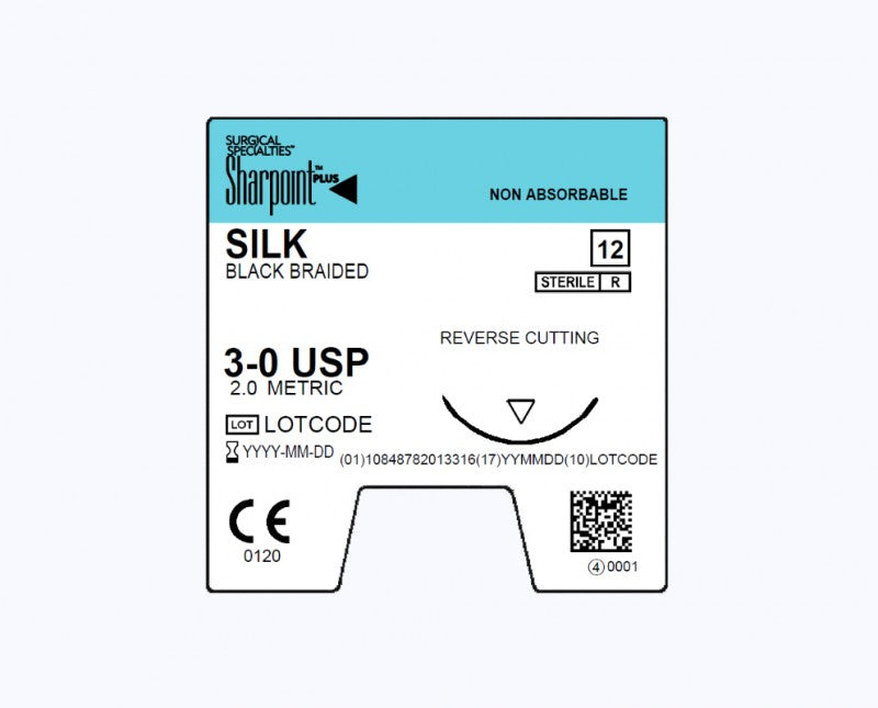 Silk Suture, Black Braided, Reverse Cutting, Size 3-0, 30"/75cm, 30mm, 3/8 Circle, 12/bx