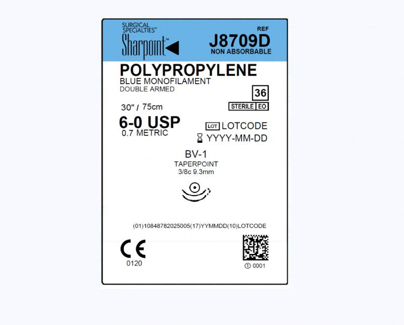 Polypropylene Suture, Blue Monofilament, Taper Point, Size 6-0, 30"/75cm, 9.3mm, 3/8 Circle, BV-1, 36/bx